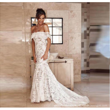 White Tulle Lace Sweep Train Patterns Boat Neck Sheath Wedding Dress